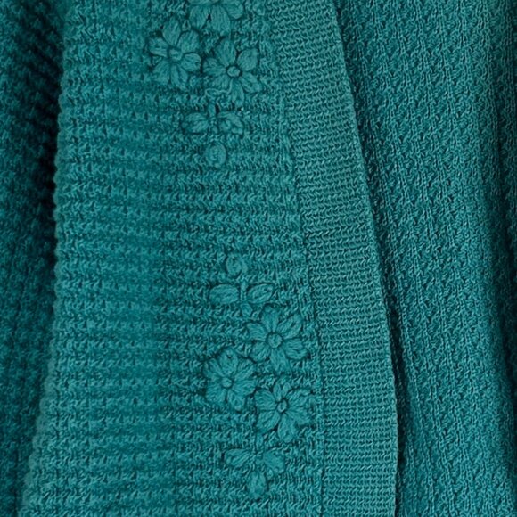 RosaLee Vintage Wool Cardigan Crewel Embroidered Turquoise L (Holes) - Picture 2 of 7